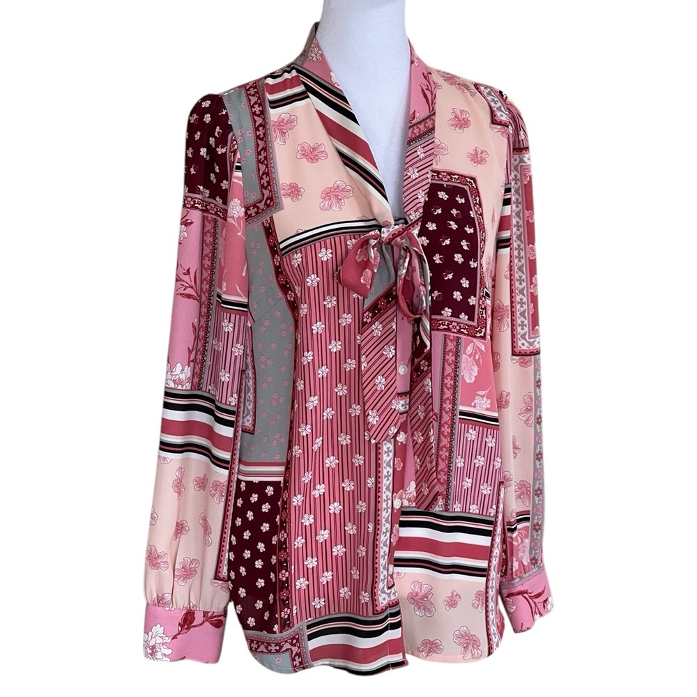 Talbots Tie Neck Button Up Top Sz S P Pink Burgundy Floral Patchwork Blouse